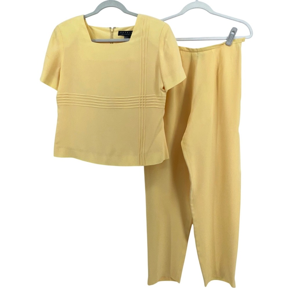 Patrick Collection Silk Pant Set Women 10 Butter Yellow Square Neck Vintage Mod